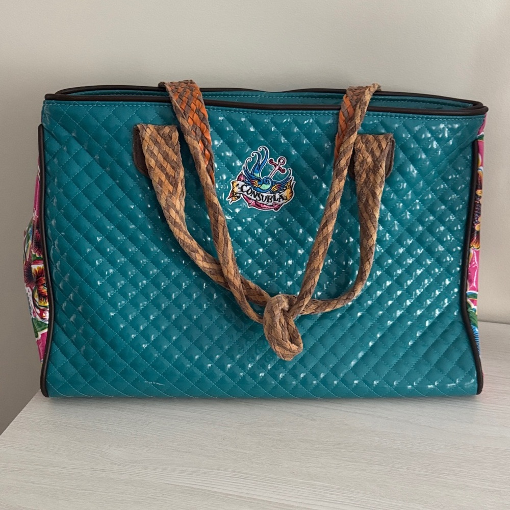Consuela Teal Vinyl Quilted Tote with Leather Braided Tan Handles VGUC